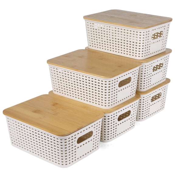 6 Pack Storage Bins, Bamboo Lidded Plastic Organizers, 10 x 7.2 x 4.1 In Stackable Basket Containers for Desk Closet Office Organization