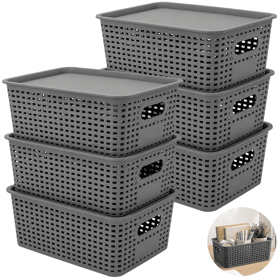 6 Pack Storage Bins with Lids, Grey Kitchen Countertop Organizer Boxes, Plastic Basket Set for Pantry, Bathroom, Office Stackable Multipurpose Containers
