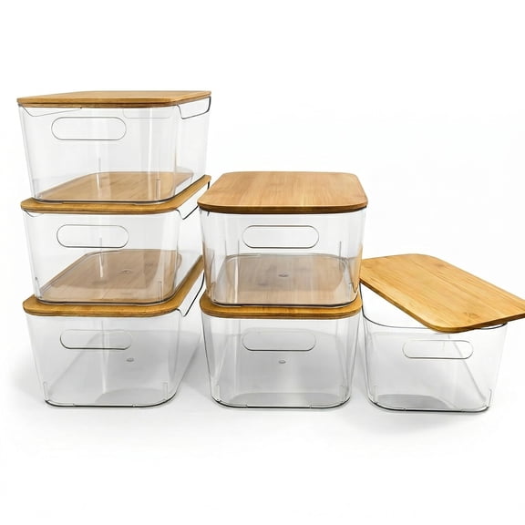 6 Pack Storage Bins with Lids Plastic Stackable Organizer Containers for Pantry Kitchen Fridge Organization