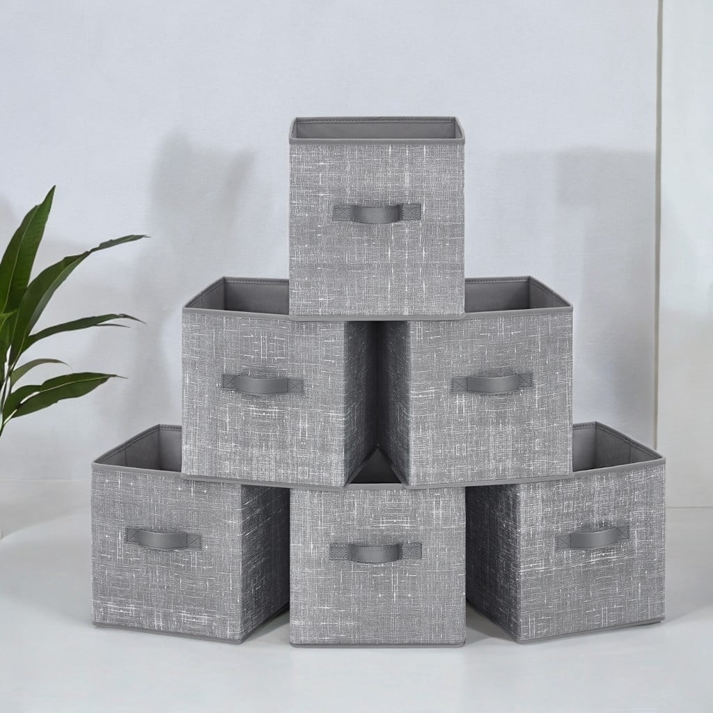 Cattail Gray 11-Inch Non-Woven Fabric Storage Cubes with Handles, Set of 6
