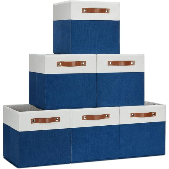 6 Pack Storage Cubes, Cube Storage Bin for Closet Storage, Collapsible Storage Bins for Office,Home,Laundry, Cube Storage Organizer Bins with Handles for Storage(White&Blue,6 Pack)