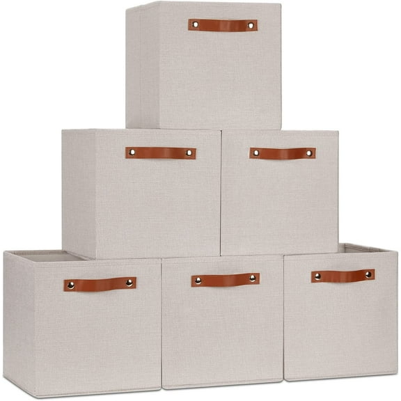 6 Pack Storage Cubes, Foldable Storage Cubes with Leather Handles for Shelves, Decorative Fabric Storage Bins for Bedroom, 11 inch Cube Storage Bin for Toys Closet Organizing(Beige,6 Pack)