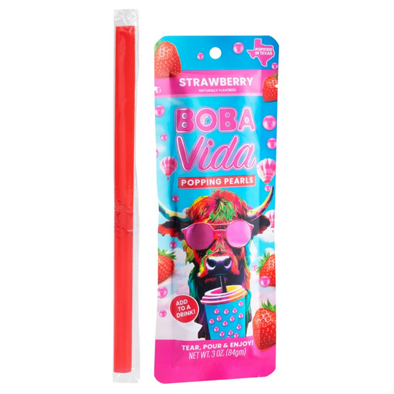6 Pack Strawberry Popping Boba with Straws, 3 oz Each Instant Add-On for Any Drink