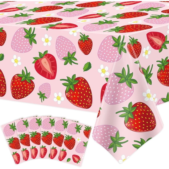 6 Pack Strawberry Tablecloth, 51 x 86 Inch, Red Berry Themed Disposable Table Cover for Birthday Party Decorations, Indoor and Outdoor Use