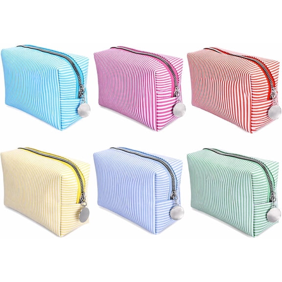 6 Pack Striped Cosmetic Makeup Bags, Assorted Color Lightweight Soft Fabric Toiletry Pouch Set, MultiPurpose Travel Beach Pouches for Daily Storage, Bridal Shower & Summer Party Favors