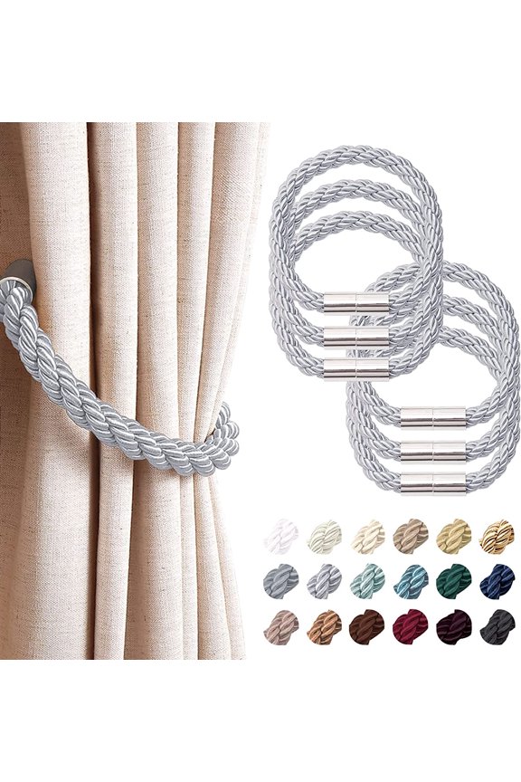 6 Pack Strong Magnetic Curtain Tiebacks Modern Simple Style Drape Tie Backs Convenient Decorative Weave Rope Curtain Holdbacks for Thin or Thick Home & Office Window Draperies (Light Grey)