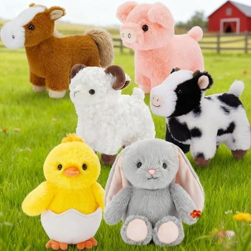 6-Pack Stuffed Farm Animal Bulk Plush Toys Set 10″ Soft Stuffed Animals for Kids, Girls - Party Decor, Centerpieces & Pretend Play, Thanksgiving, Christmas, Easter Gifts
