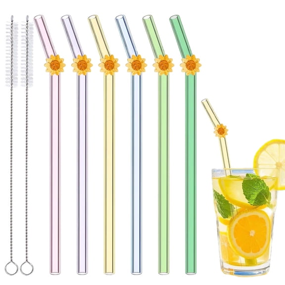 6-Pack Reusable Glass Straws with Sunflower Design – Shatterproof & Dishwasher Safe for Smoothies, Boba, Cocktails