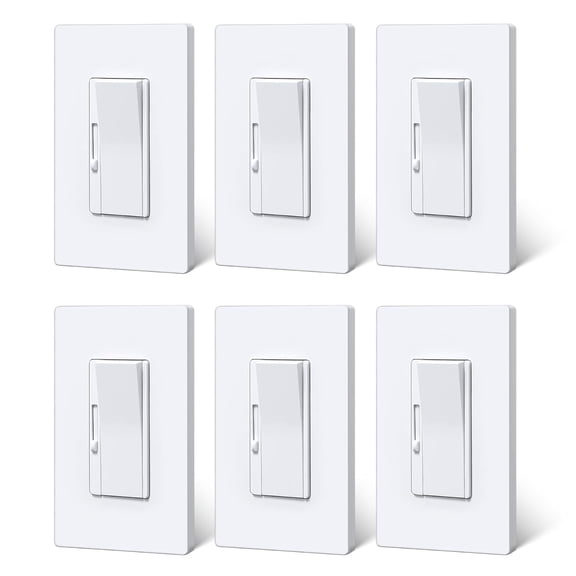 6 Pack Super Slim Dimmer Light Switch, Quiet Rocker, Single Pole or 3 Way Dimmable Switch, Max 300W LED, CFL, 600W Incandescent, Screwless Wall Plate Included, ETL Listed, White