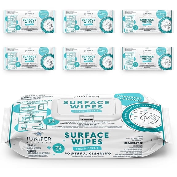 6 Pack Surface Cleaning Wipes Bleach Free, All-Purpose Cleaner for Bathroom, Kitchen, Office, 72 Count Soft Flow, Fresh Scent, Lint Free & Durable