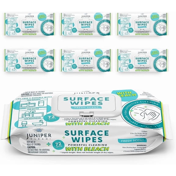 6 Pack Surface Cleaning Wipes with Bleach, All-Purpose Cleaner for Bathroom, Kitchen, Office, 72 Count Soft Flow, Fresh Scent, Lint Free & Durable