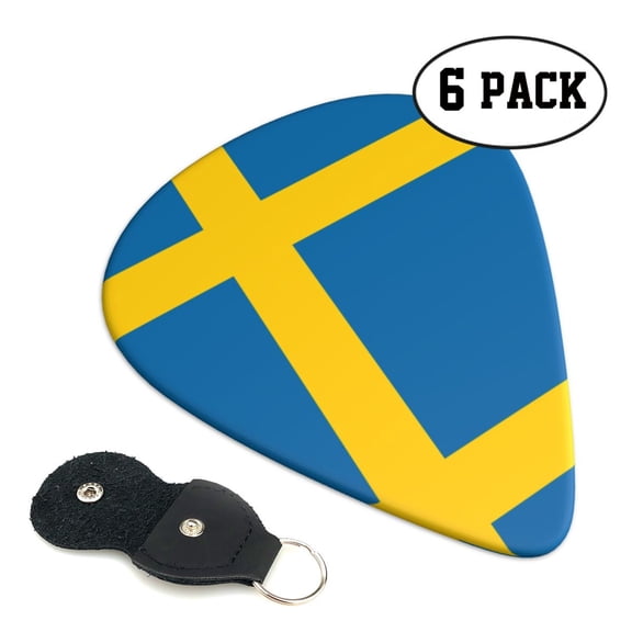 6 Pack Swedish Flag Guitar Picks In Leather Picks Holder For Bass Electric Acoustic Guitars