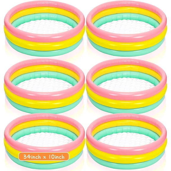 6 Pack Swimming Pool 34 x 10 Inch Inflatable Swimming Pool Small Blow up 3 Rings Round Padding Ball Pond for Indoor and Outdoor Water Game Play Center