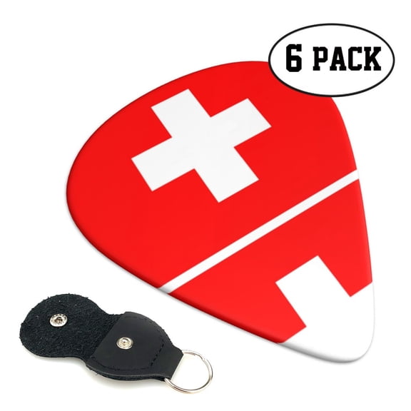 6 Pack Swiss Flag Guitar Picks In Leather Picks Holder For Bass Electric Acoustic Guitars