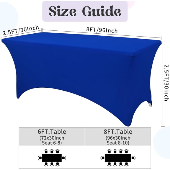 6 Pack Table Cloth 8ft Royal Blue Tablecloths for Rectangle Folding Table Spandex Fitted Stretch Cover Wrinkle Resistant Washable Protector for Party, Wedding, Banquet, Festival.