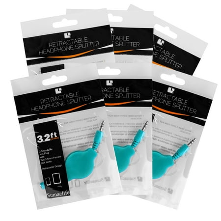 6 Pack Tangle-Free Retractable 3.5mm Jack Headphone Splitter Cable For Smartphones, Tablets, Computers, and Laptops (Aqua)