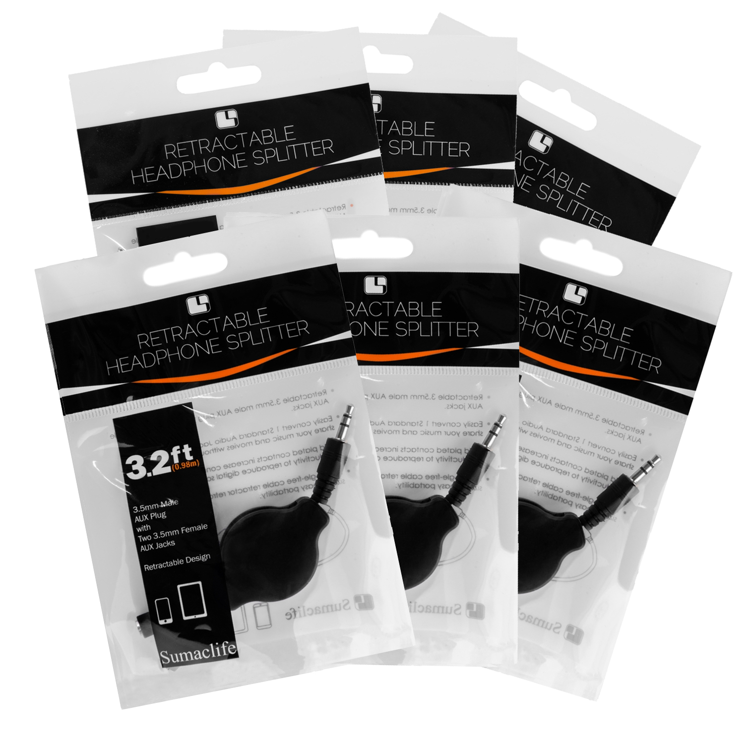6 Pack Tangle-Free Retractable 3.5mm Jack Headphone Splitter Cable For Smartphones, Tablets, Computers, and Laptops (Black)