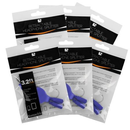 6 Pack Tangle-Free Retractable 3.5mm Jack Headphone Splitter Cable For Smartphones, Tablets, Computers, and Laptops (Blue)