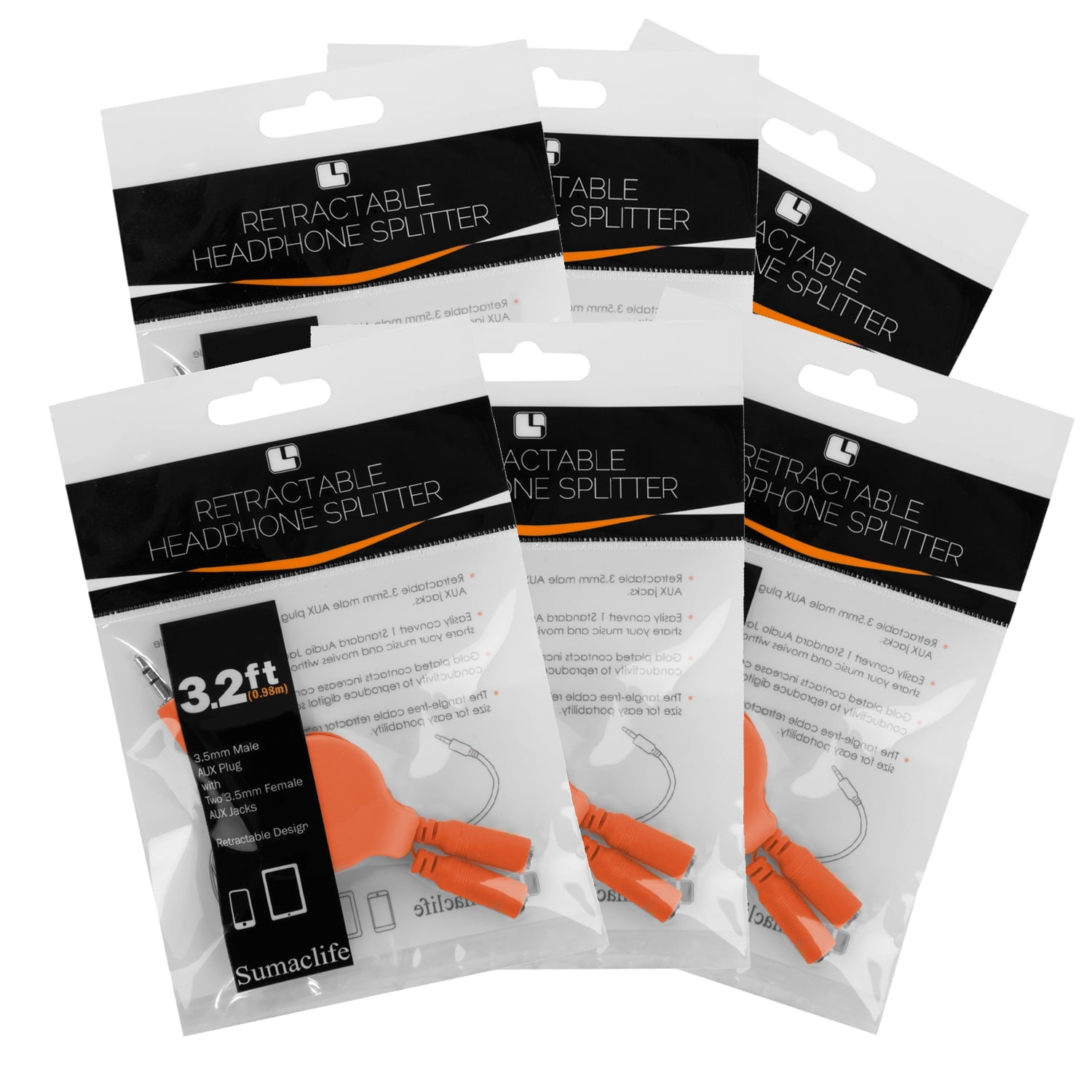6 Pack Tangle-Free Retractable 3.5mm Jack Headphone Splitter Cable For Smartphones, Tablets, Computers, and Laptops (Orange)