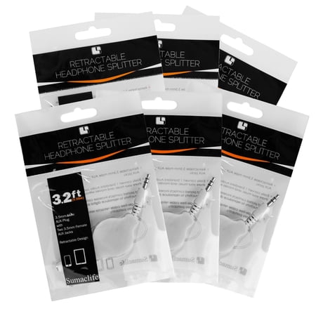 6 Pack Tangle-Free Retractable 3.5mm Jack Headphone Splitter Cable For Smartphones, Tablets, Computers, and Laptops (White)