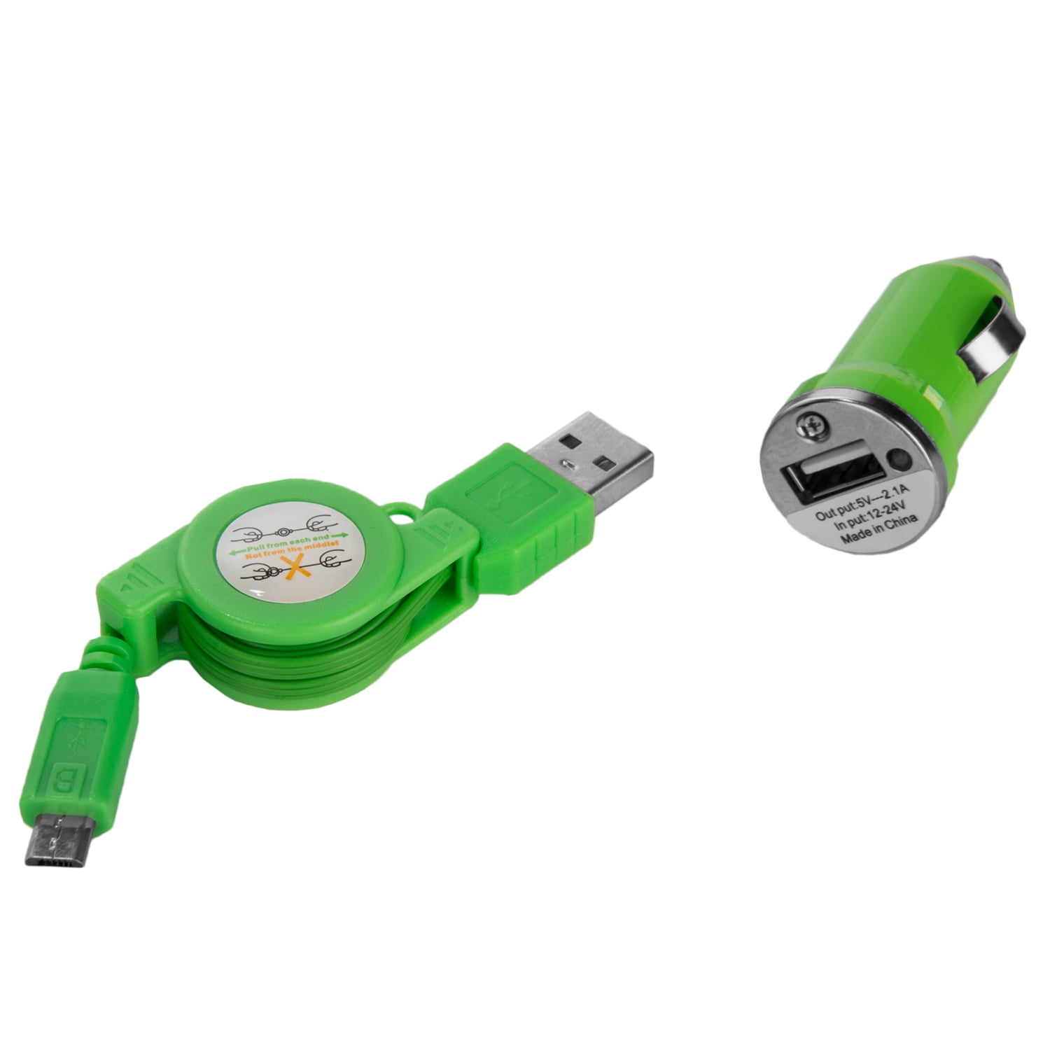 6 Pack Tangle-Free Retractable Micro USB Car Charging Cable For Cellphones, Digital Cameras, And Other Electronics (Green)