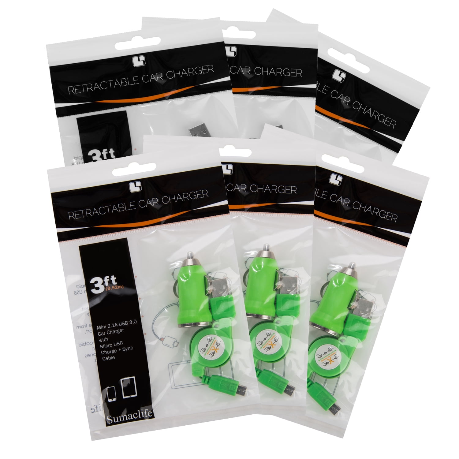 6 Pack Tangle-Free Retractable Micro USB Car Charging Cable For Cellphones, Digital Cameras, And Other Electronics (Green)
