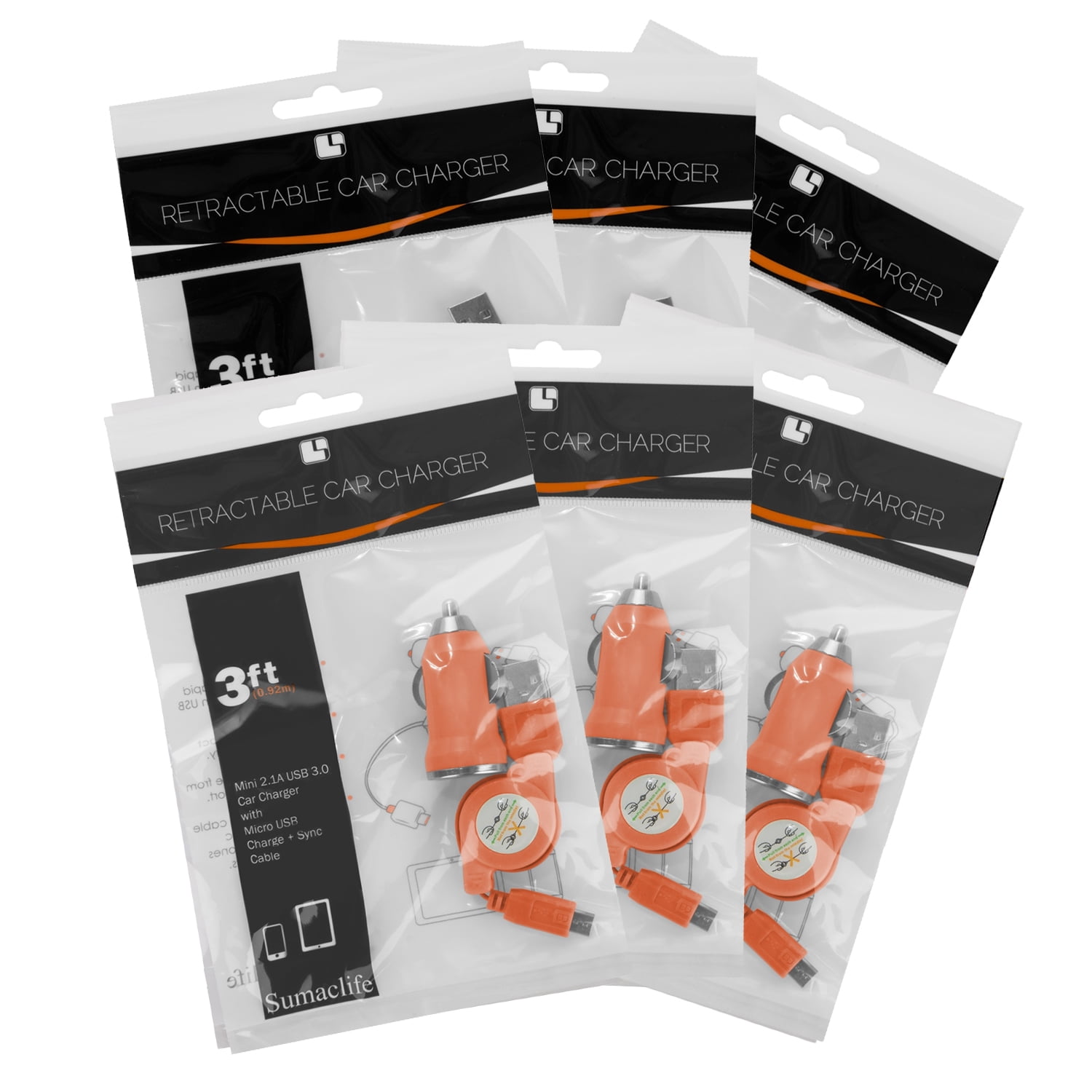 6 Pack Tangle-Free Retractable Micro USB Car Charging Cable For Cellphones, Digital Cameras, And Other Electronics (Orange)