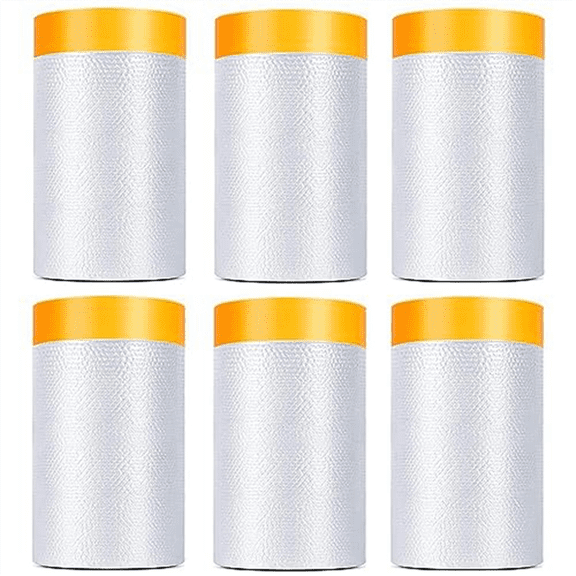 6 Pack Tape and Drape, 1.8X62.3 Ft Pre-Taped Masking Film for Auto Painting Covering, Plastic Pre-Adhesive Film