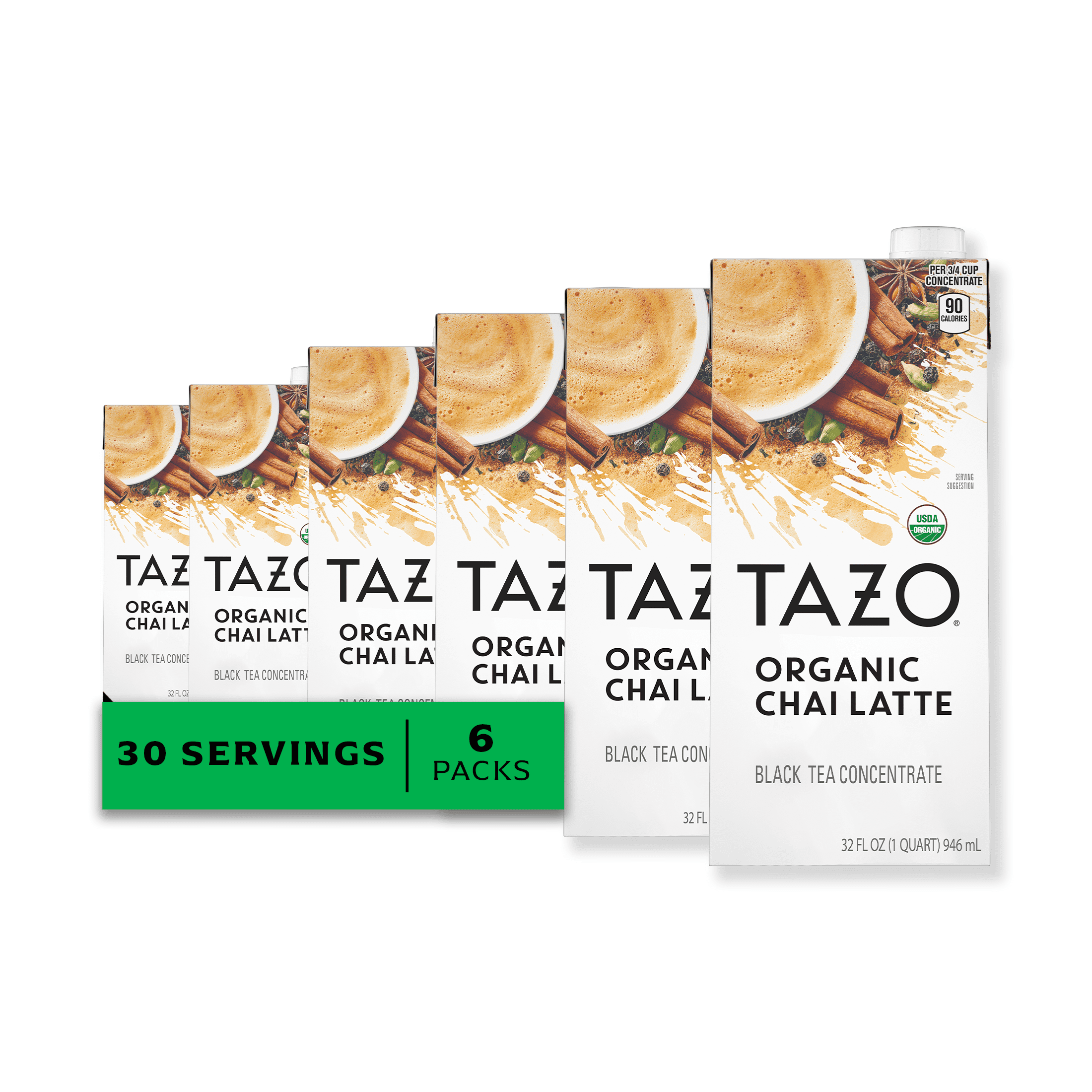 (6 pack) TAZO Organic Chai Latte Black Tea Concentrate, Enjoy Hot or Iced, 32 oz Carton
