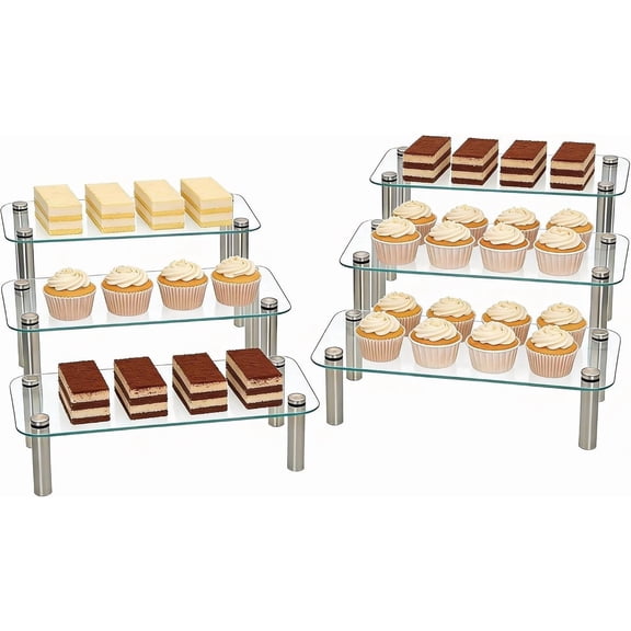 6 Pack Tempered Glass Display Stands Set, 13 Inch Rectangular Cake Cupcake Stand Dessert Display Riser Serving Platter Plate for Decoration Table Party Wedding Shower