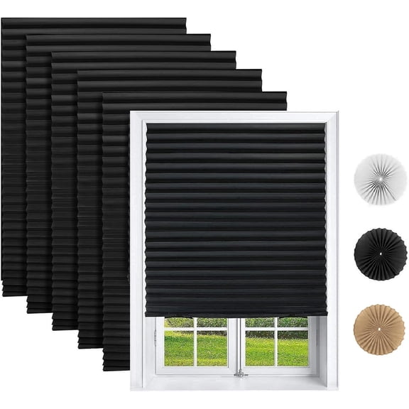 6 Pack Temporary Pleated Paper Blinds for Indoor Windows, Cut to Size Adhesive Shades, No Tools, Black, 48"W x 72"H