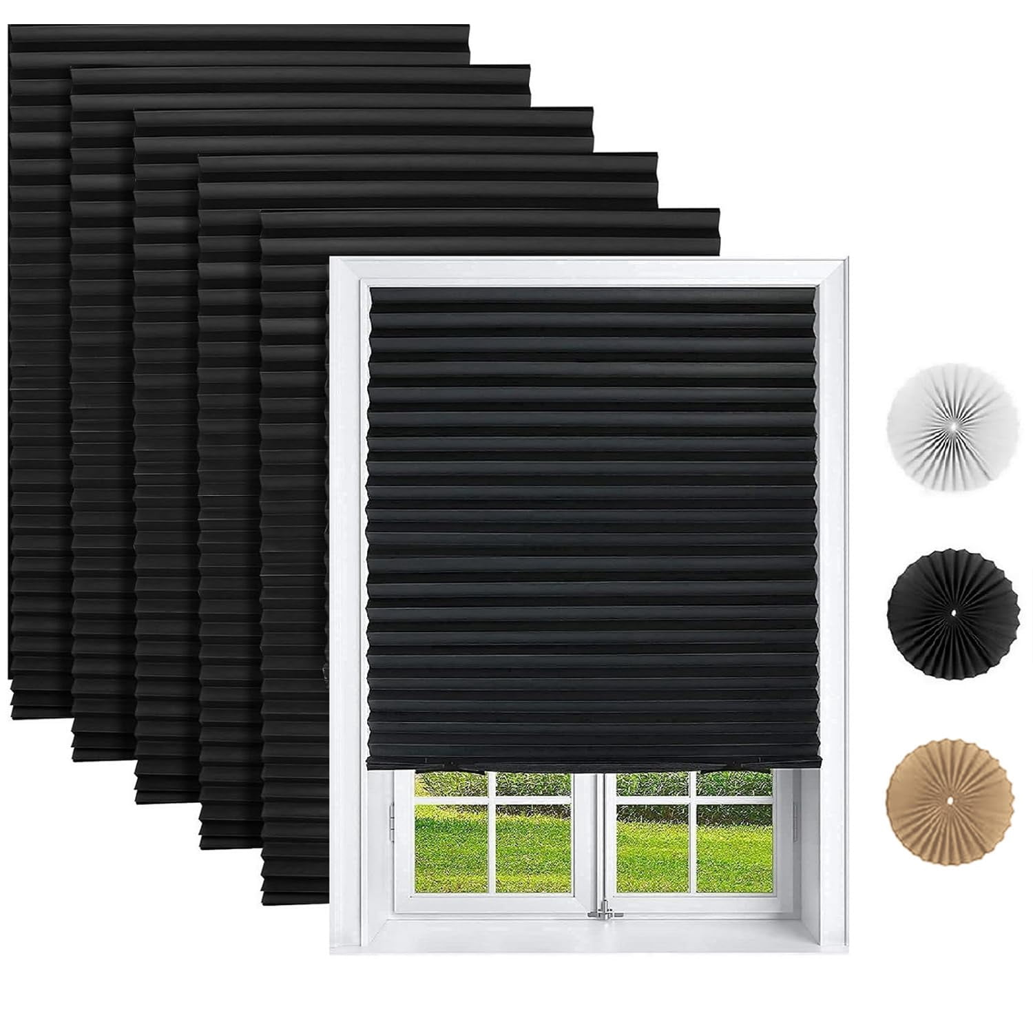 6 Pack Temporary Shades  Pleated Paper Blinds For Indoor Windows Cut To Size Adhesive No Tools Drilling Office Bedroom Living Room 24" W X 72" H Black