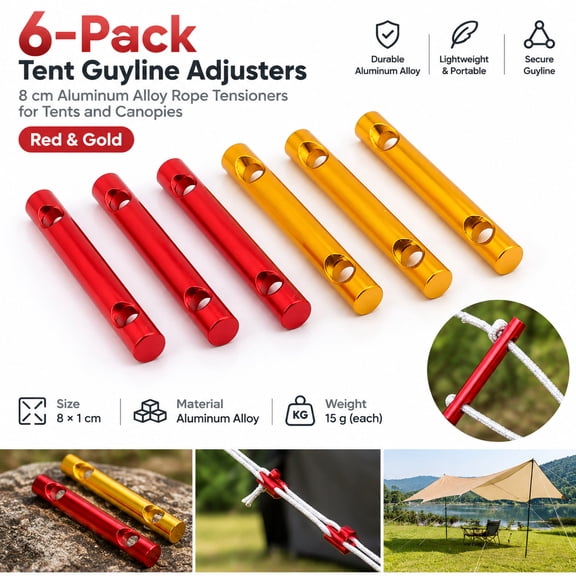 6-Pack Tent Guyline Adjusters, 8 cm Aluminum Alloy Rope Tensioners for Tents and Canopies, Red and Gold