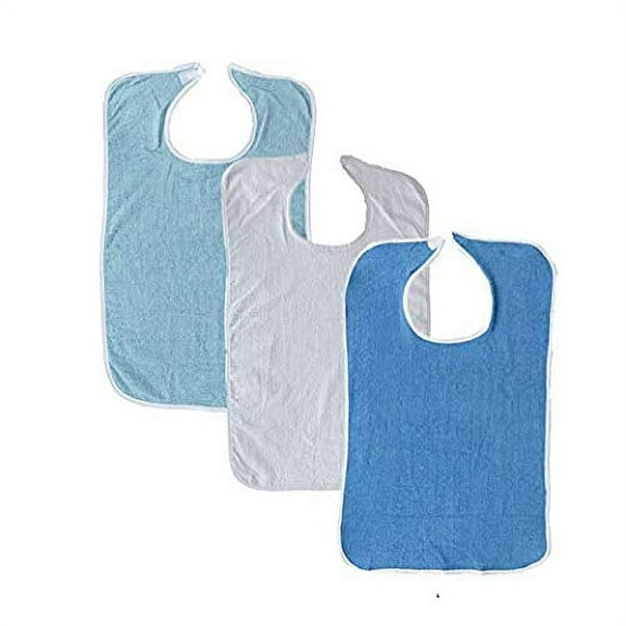 6 Pack Terry Adult Bib with Hook and Loop Fastener (Blue, White, Royal)