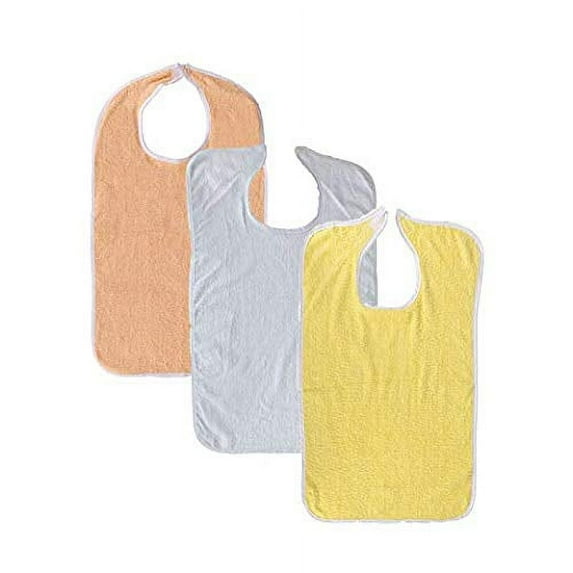 6 Pack Terry Adult Bib with Hook and Loop Fastener (Yellow, White, Peach)