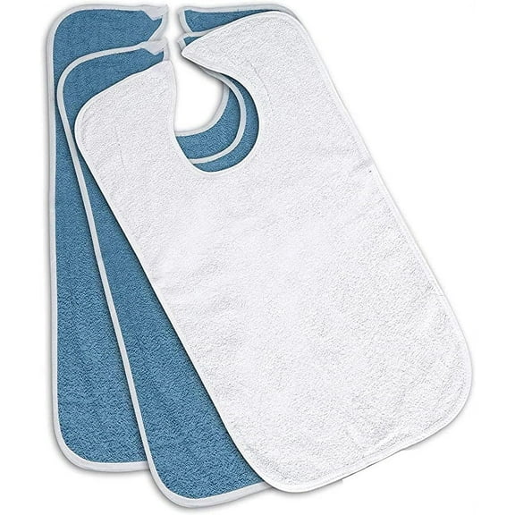 6 Pack - Terry Cloth Adult Bibs / Senior Meal Time Clothing Protector w/Hook and Loop Closure 3 Blue and 3 White Bibs