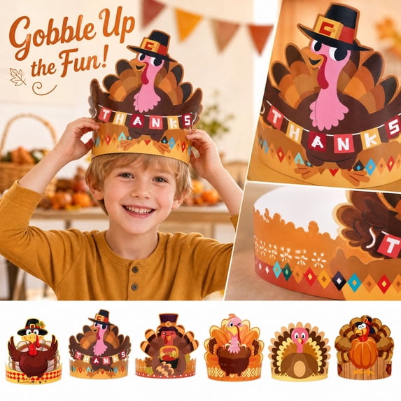 6 Pack Thanksgiving Hats for Adults Kids, Funny Turkey Paper Party Hats with Bendable Matte Cardstock, Fall Harvest Theme Decorations for Classroom Friendsgiving Party