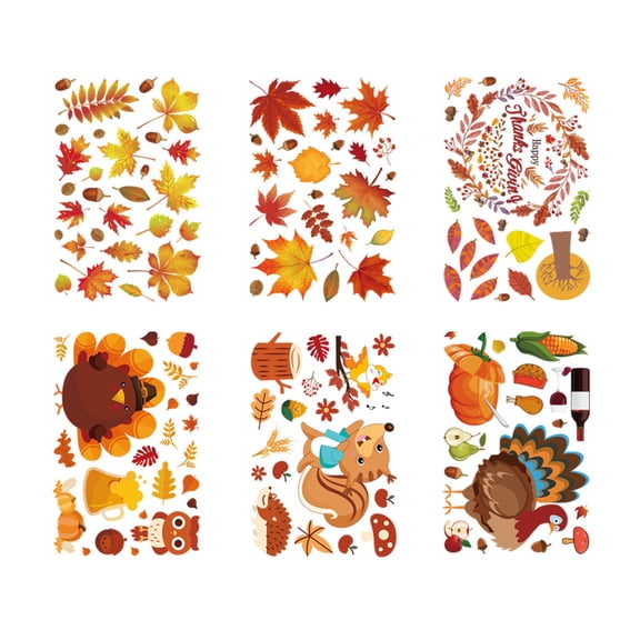 6 Pack Thanksgiving Maple Leaf Window Clings, Waterproof Decorative Pvc Window Stickers for Fall Harvest