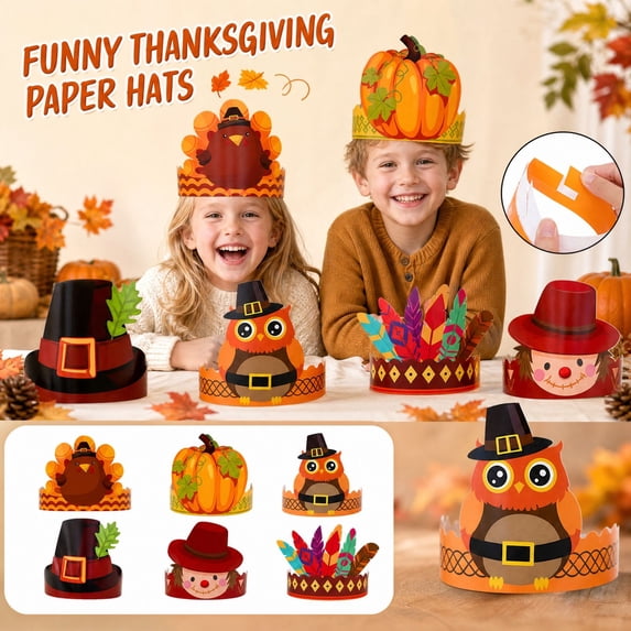 6 Pack, Thanksgiving Party Hats, Funny Paper Crowns for Adults Kids, Fall Decorations