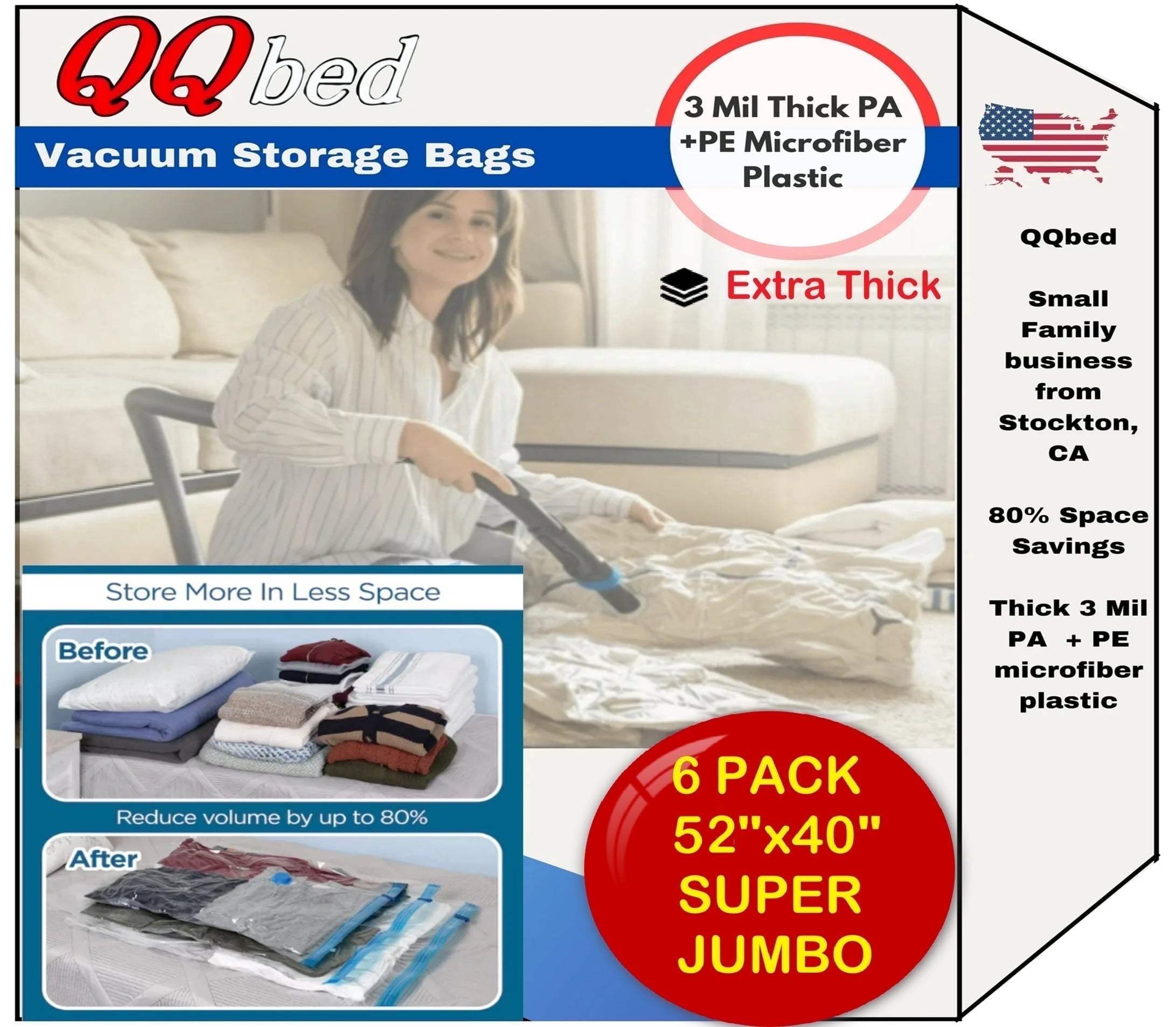 QQbed Vacuum Storage Bags Space Saver for Clothes and Bedding, 40 x 52 in, Jumbo, 6 Pack