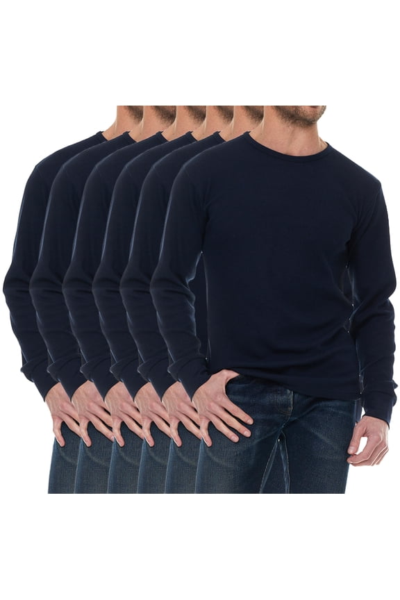 6 Pack Thermal Shirts for Men, Base Layer Tops Navy Bulk Wholesale, Cotton, Solid Colors, (Large)