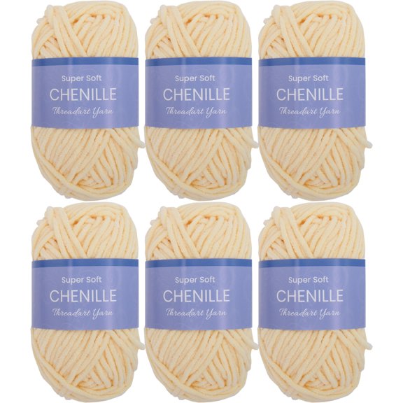 6 Pack ThreadArt Chenille Yarn for Crocheting, Knitting, Amigurumi, Super Soft Plush Velvet Yarn - 50 Gram 60 yds #5 Fluffy Yarn Skeins - Light Yellow