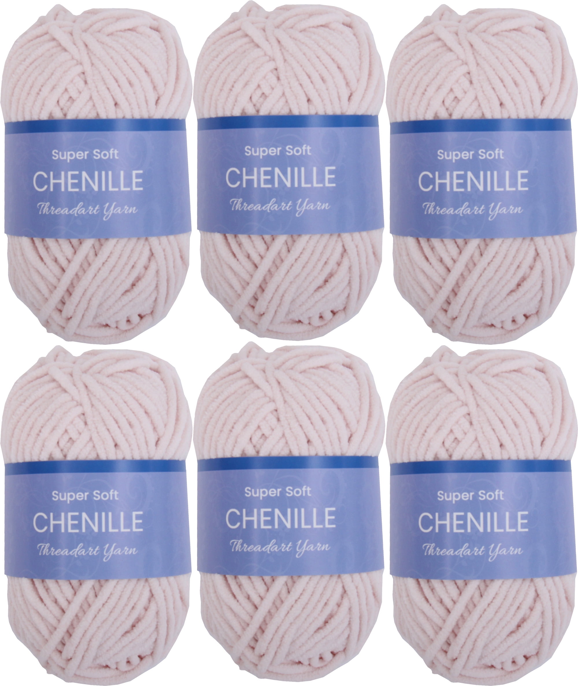 6 Pack ThreadArt Chenille Yarn for Crocheting, Knitting, Amigurumi, Super Soft Plush Velvet Yarn - 50 Gram 60 yds #5 Fluffy Yarn Skeins - Blush Pink
