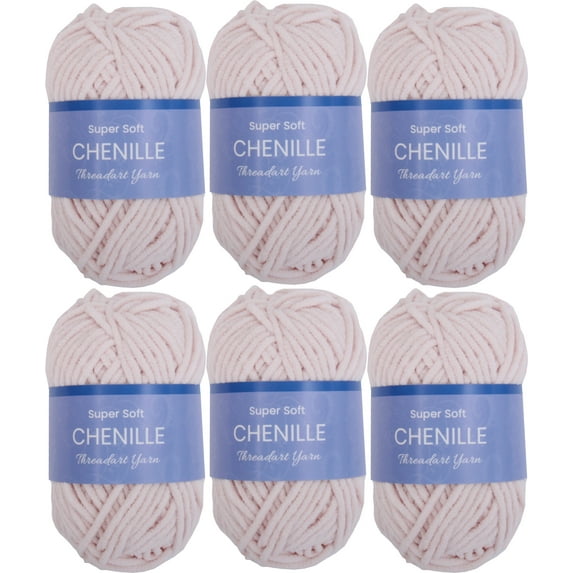 6 Pack ThreadArt Chenille Yarn for Crocheting, Knitting, Amigurumi, Super Soft Plush Velvet Yarn - 50 Gram 60 yds #5 Fluffy Yarn Skeins - Blush Pink
