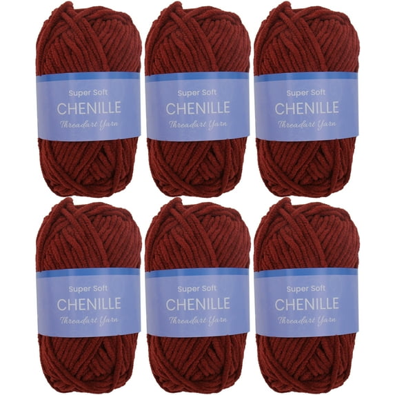 6 Pack ThreadArt Chenille Yarn for Crocheting, Knitting, Amigurumi, Super Soft Plush Velvet Yarn - 50 Gram 60 yds #5 Fluffy Yarn Skeins - Burgundy