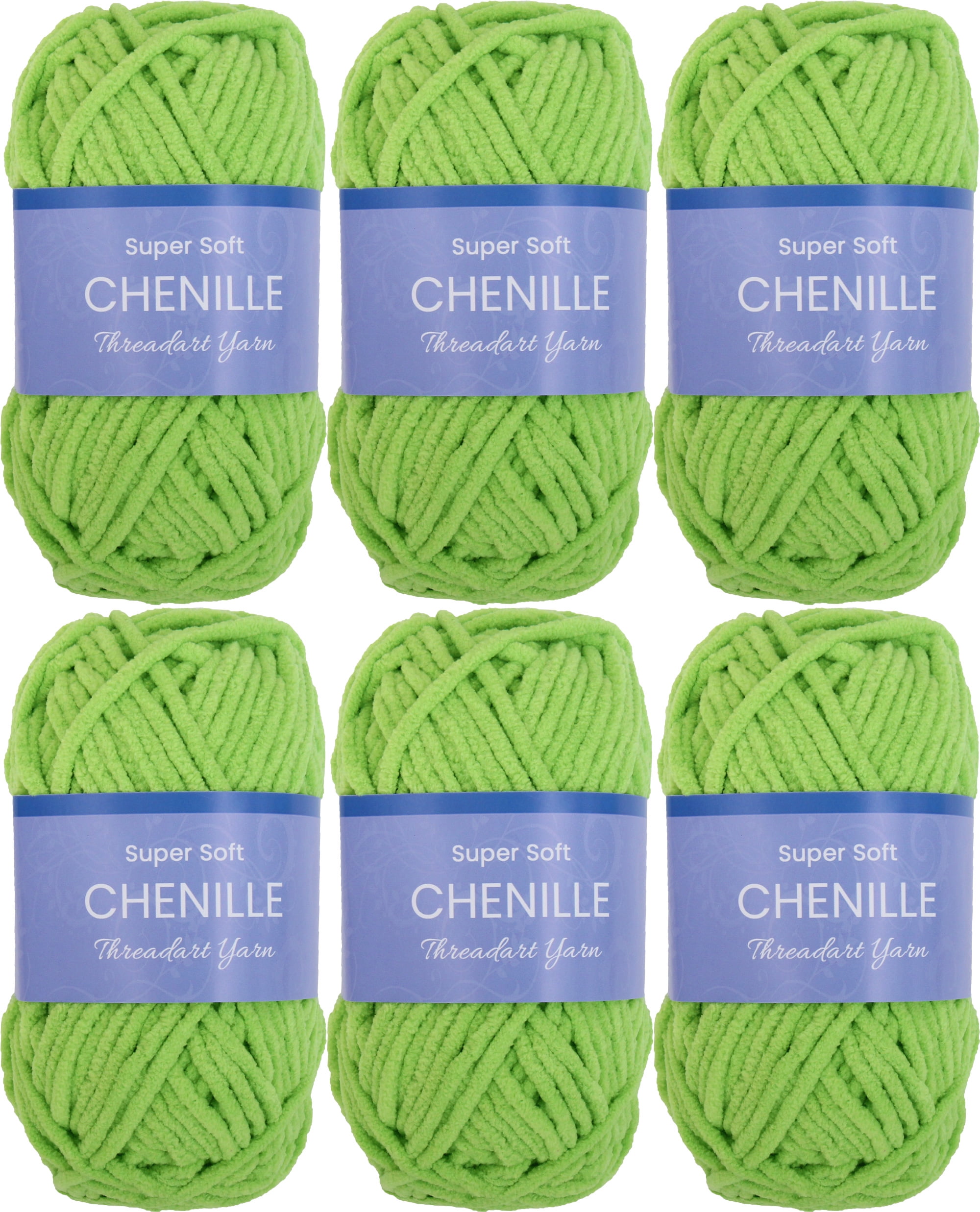 6 Pack ThreadArt Chenille Yarn for Crocheting, Knitting, Amigurumi, Super Soft Plush Velvet Yarn - 50 Gram 60 yds #5 Fluffy Yarn Skeins - Lime Green