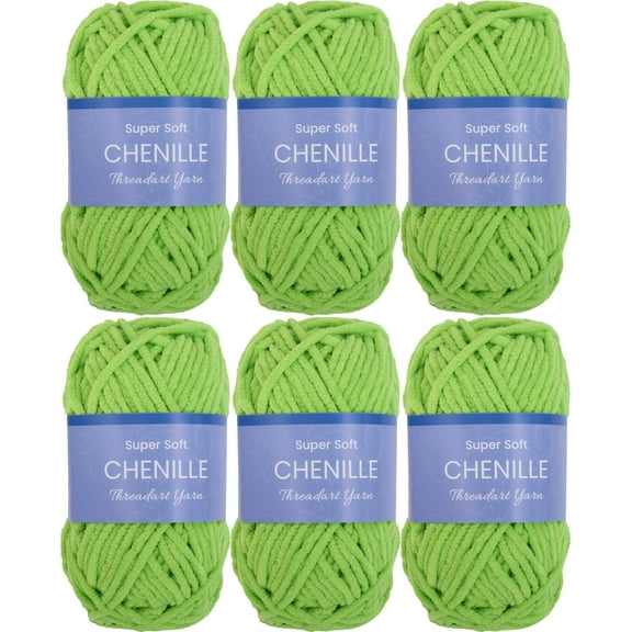 6 Pack ThreadArt Chenille Yarn for Crocheting, Knitting, Amigurumi, Super Soft Plush Velvet Yarn - 50 Gram 60 yds #5 Fluffy Yarn Skeins - Lime Green