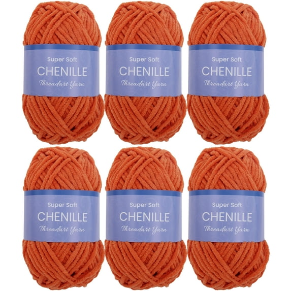 6 Pack ThreadArt Chenille Yarn for Crocheting, Knitting, Amigurumi, Super Soft Plush Velvet Yarn - 50 Gram 60 yds #5 Fluffy Yarn Skeins - Orange