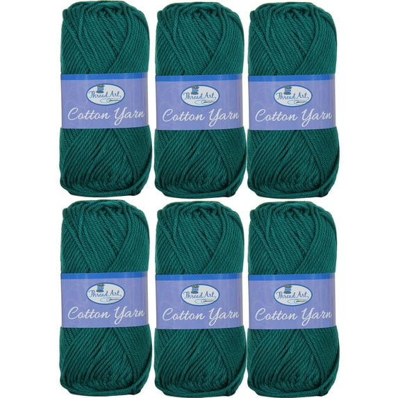 6 Pack Threadart 100% Pure Cotton Crochet Yarn | 50 gram Skeins | Worsted Medium #4 Yarn | 85 yds per Skein | 30 Colors Available | Dark Green #3540