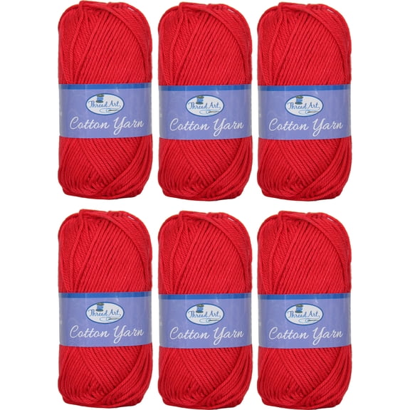 6 Pack Threadart 100% Pure Cotton Crochet Yarn | 50 gram Skeins | Worsted Medium #4 Yarn | 85 yds per Skein | 30 Colors Available | Red #3560